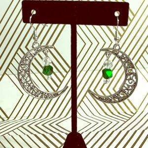 Half Moon Celtic Knot Green Bead Dangle Earrings